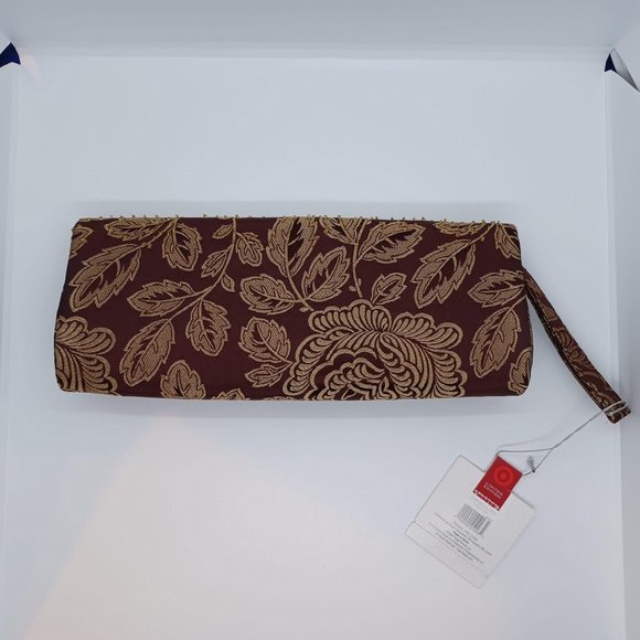 Beaded Silk Evening Clutch Wristlet Bag Burgundy Brown curtain print style NWT - Picture 2 of 5